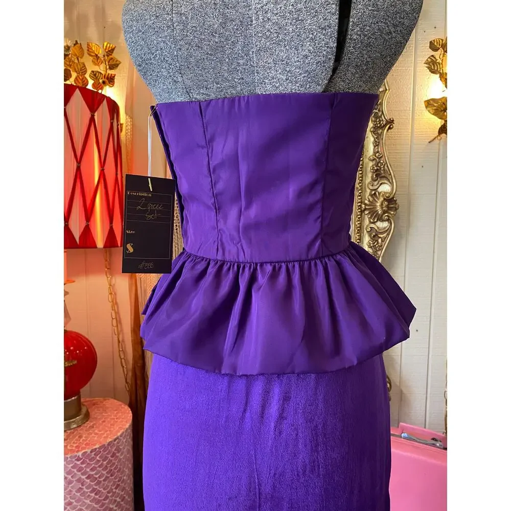 vintage 1970s 3 piece set, purple velvet maxi skirt, peplum bustier, 70s formal